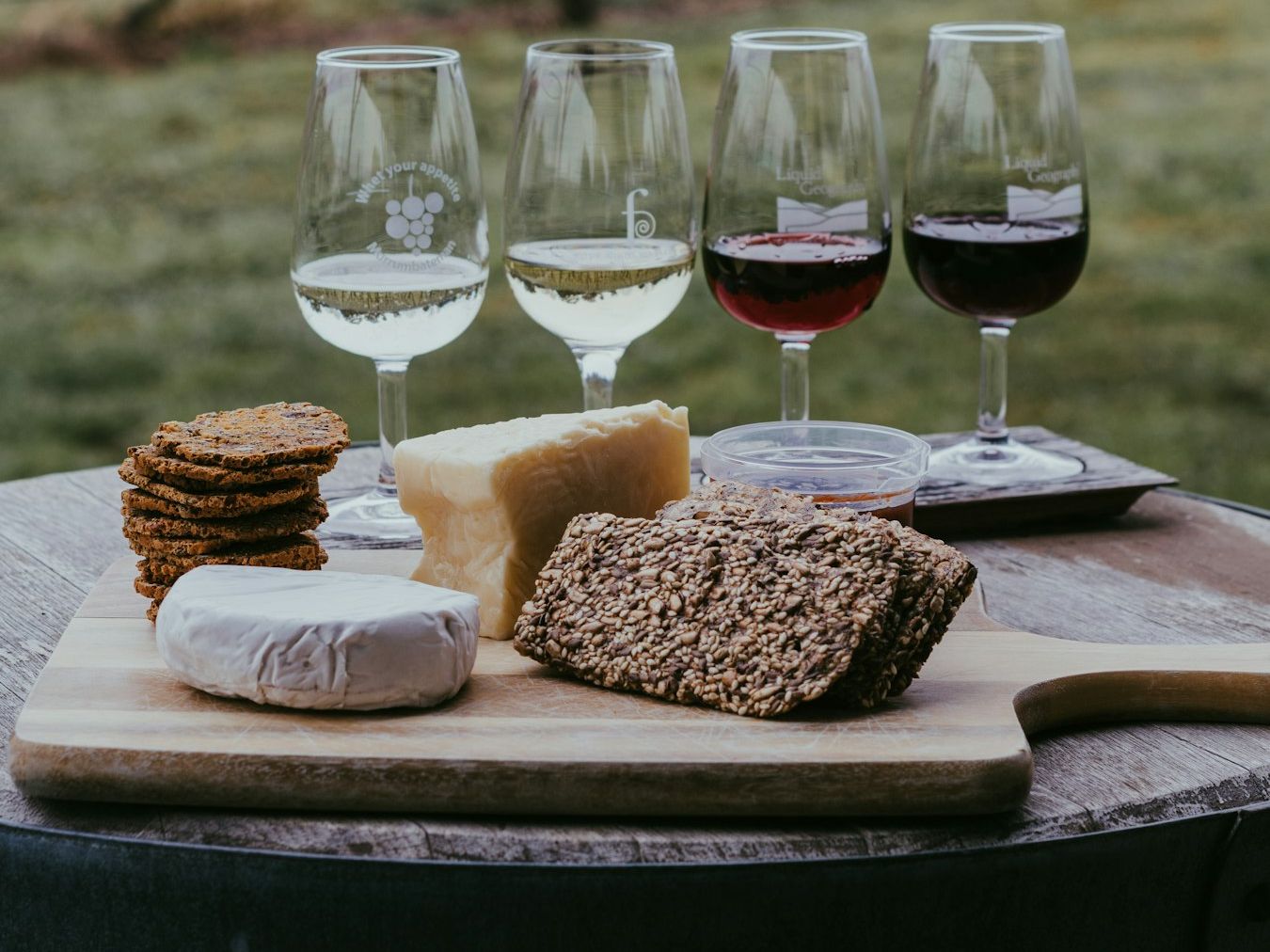 Probiergläser mit Weiß- und Rotwein, dazu Käse und Knäckebrot auf einem Brett im Weinberg