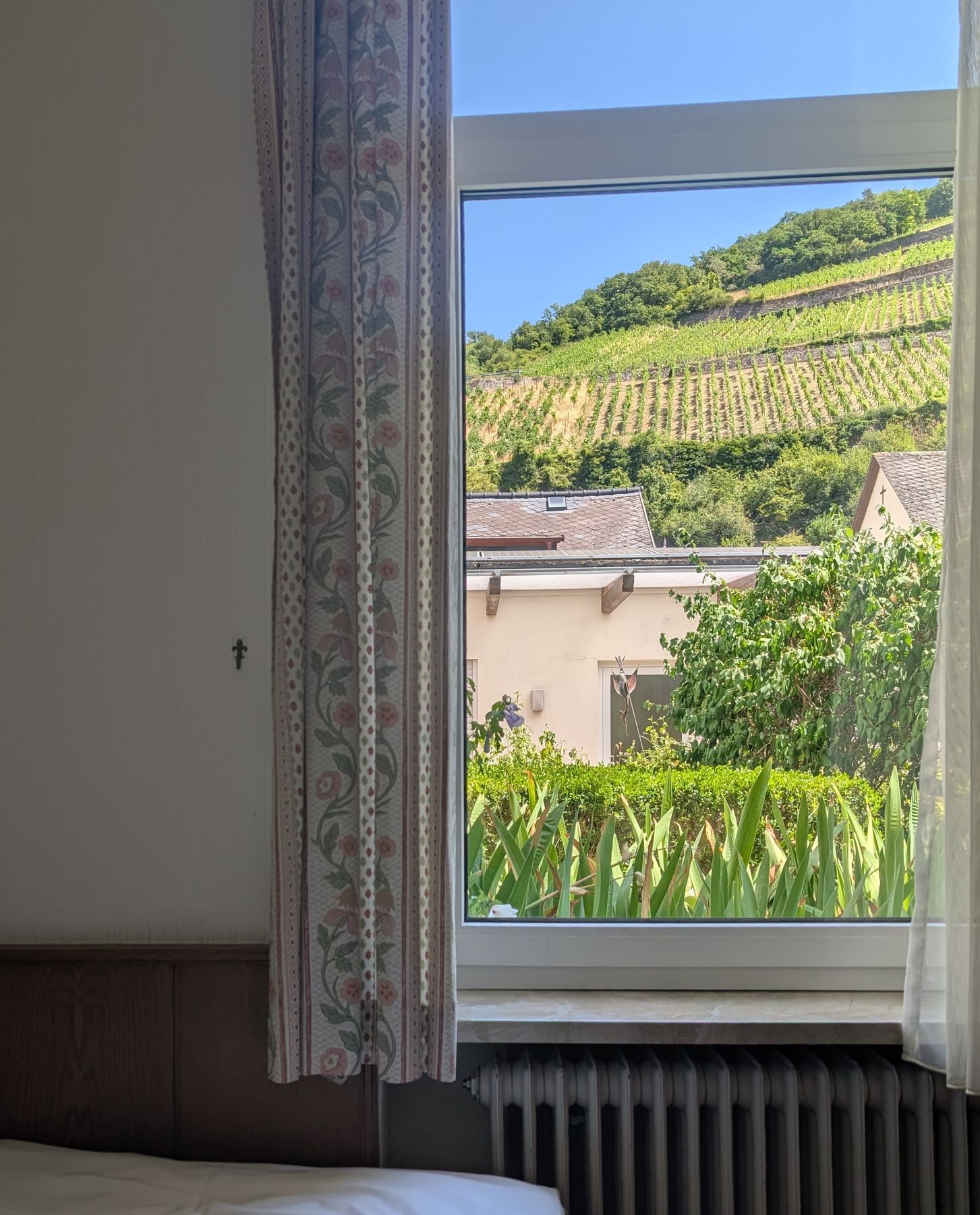 Blick aus dem Fenster auf Garten und Weinberge