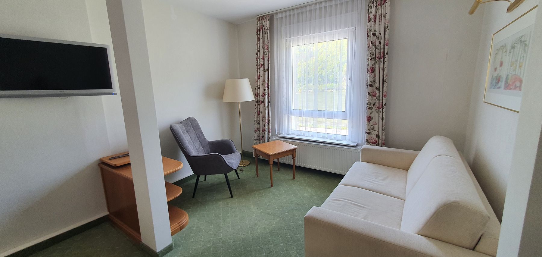 Wohnbereich mit Schlafsofa, Sessel und Fernseher, dahinter das Fenster zum Rhein
