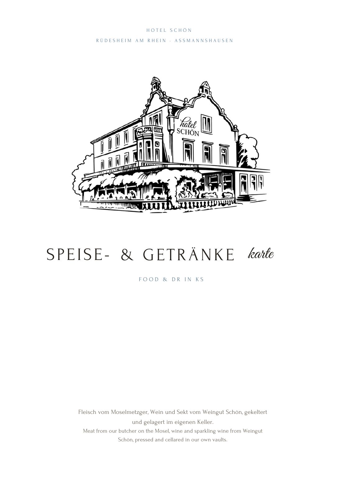 Titelseite der Speise- und Getränkekarte des Hotel Schön: Fleisch vom Moselmetzger, Wein und Sekt vom Weingut Schön, gekeltert und gelagert im eigenen Keller